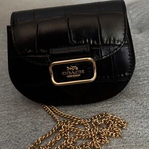 Coach Black Croc-Embossed Mini Crossbody with Gold Chain